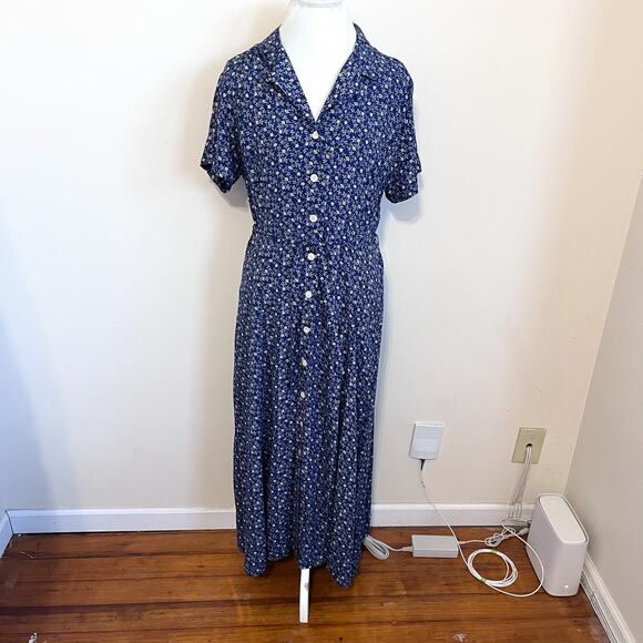 Vintage LL Bean Shirt Dress Size 14 Blue 90s Ditsy Cottage Tie Floral Modest - Picture 9 of 9